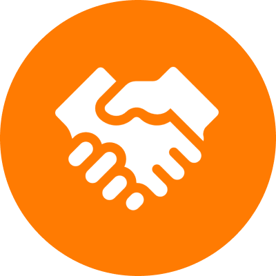 Handshake icon on orange circular background.
