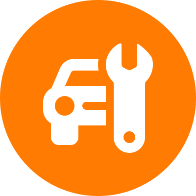 Car and wrench icon in orange circle.